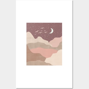 Boho Neutral Pastel Landscape Moon Stars Design Posters and Art